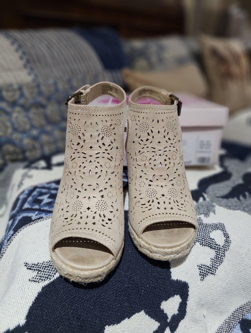 Beige Laser-Cut Espadrille Wedge Sandals